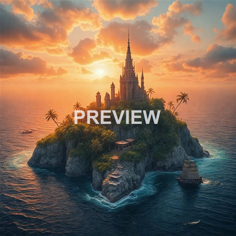 A castle-like structure with tall spires is situated on a small, lush, rocky island surrounded by the ocean, with a dramatic sunset and clouds in the background.